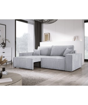 Kanapa KASJO Lewostronny Sofo-Narożnik z funkcją spania i poduszkami, 2x pojemnik POSO 110 Popielaty DOMOHOME