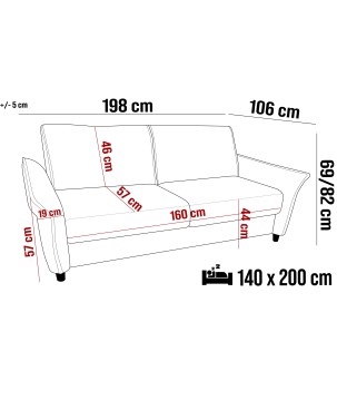 Sofa Kanapa CANTO 3 osobowa z funkcją spania wolnostojąca w tkaninie WERSAL