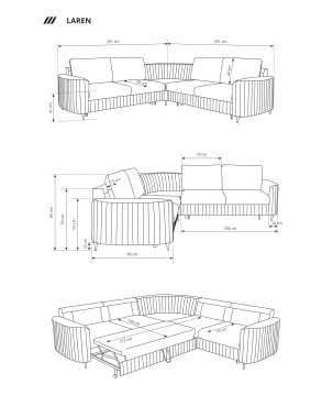 Narożnik LAREN nowoczesna sofa z funkcją spania pojemnik na pościel prawa strona CASTEL 93 251x251x85 cm